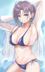 1girl ana_(vvvvor) aqua_eyes armpits arms_up asakura_toru bikini blue_bikini blush breasts cleavage collarbone cowboy_shot ear_piercing idolmaster idolmaster_shiny_colors large_breasts long_sleeves looking_at_viewer medium_hair navel parted_lips piercing shirt sideboob smile solo swimsuit wet wet_clothes wet_shirt white_shirt