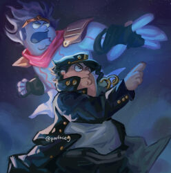 Rule 34 | 1boy, black coat, black eyes, black hair, black hat, cleft chin, closed mouth, coat, cosplay, family guy, hat, jojo no kimyou na bouken, kujo jotaro (cosplay), kuujou joutarou, male focus, night, outdoors, pointing, profocey, shirt, sky, stand (jojo), star (sky), star platinum, star platinum (cosplay), stardust crusaders, starry sky, white shirt