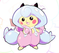:3 :d artsy-rc commentary cosplay creatures_(company) english_commentary full_body game_freak gen_1_pokemon gen_8_pokemon hattrem hattrem_(cosplay) highres looking_at_viewer nintendo no_humans open_mouth pikachu pokemon pokemon_(creature) signature smile solo zoom_layer