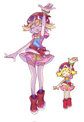 1girl :o amitie_(puyopuyo) arm_up blonde_hair boots closed_eyes commentary_request dress facing_viewer flipped_hair full_body futaba969649 hat highres hood hood_down hooded_dress official_art_inset open_mouth pink_dress purple_socks puyopuyo red_boots red_hat short_hair simple_background sleeveless sleeveless_dress socks standing white_background wristband