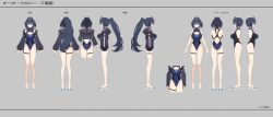 Rule 34 | 1girl, artist request, ass, bare shoulders, barefoot, black hair, black jacket, blue eyes, blue hair, blue one-piece swimsuit, blush, breasts, chain, chain headband, cleavage, cleavage cutout, closed mouth, clothing cutout, colored inner hair, commentary, company name, copyright notice, cropped jacket, drawstring, english commentary, full body, grey background, hair intakes, halterneck, high heel sandals, high ponytail, highleg, highleg one-piece swimsuit, hololive, hololive english, holonatsu paradise, hood, hooded jacket, jacket, large breasts, long hair, long sleeves, looking at viewer, medium hair, multicolored hair, multiple views, off shoulder, official alternate costume, official art, one-piece swimsuit, open clothes, open jacket, ouro kronii, ouro kronii (holonatsu paradise), ponytail, reference sheet, sandals, simple background, solo, swimsuit, thigh strap, toes, translation request, turnaround, two-tone hair, virtual youtuber