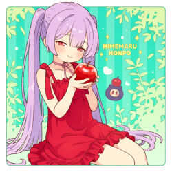 1girl apple blush closed_mouth dress food fruit holding holding_food holding_fruit long_hair onyhakase original purple_hair red_dress red_eyes sitting sleeveless sleeveless_dress smile solo twintails very_long_hair