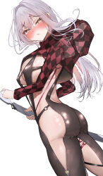 1girl absurdres alternate_costume artist_request ass ass_focus blush bodysuit breasts brown_eyes embarrassed from_behind from_side goddess_of_victory:_nikke grey_hair highres large_breasts long_hair looking_back low_ponytail official_alternate_costume parted_lips ponytail scarlet_(nikke) scarlet_(racer&#039;s_high)_(nikke) sheath sheathed sideboob solo sweat sword very_long_hair weapon