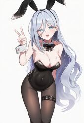 1girl animal_ear_hairband animal_ears black_bow black_bowtie black_leotard black_pantyhose black_survival bow bowtie breasts cleavage covered_navel detached_collar eternal_return:_black_survival fake_animal_ears grey_eyes grey_hair hair_between_eyes hairband highres himehime large_breasts leaning_forward leotard long_hair pantyhose playboy_bunny rabbit_ears simple_background smile solo strapless strapless_leotard thigh_gap v vanya_(black_survival) white_background wrist_cuffs