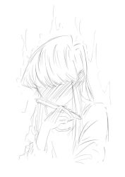 1girl black_eyes black_hair blush female_focus greyscale komi-san_wa_komyushou_desu komi_shouko long_hair mitsugu monochrome pen solo white_background