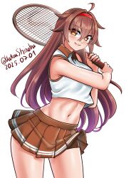 Rule 34 | 1girl, absurdres, ahoge, alternate costume, breasts, brown eyes, brown hair, brown skirt, commentary, cowboy shot, crop top, dated, hair flaps, hairband, highres, holding, holding racket, holding tennis racket, kantai collection, katou shinobu, long hair, looking at viewer, one-hour drawing challenge, racket, red hairband, shiratsuyu (kancolle), shirt, shorts, shorts under skirt, simple background, skirt, sleeveless, sleeveless shirt, smile, solo, sportswear, tennis, tennis racket, tennis skirt, tennis uniform, twitter username, two-tone shirt, white background, white shirt