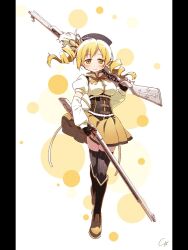 4b-enpitsu beret black_gloves blonde_hair brown_corset collared_shirt corset detached_sleeves drill_hair fingerless_gloves gloves hat highres looking_at_viewer magical_girl mahou_shoujo_madoka_magica miniskirt shirt skirt tomoe_mami tomoe_mami_(magical_girl) twin_drills white_shirt yellow_skirt
