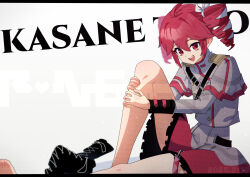 1girl ahoge belt black_belt black_boots boots bow buttons character_name double-breasted drill_hair fin_gocco flat_chest grey_jacket grey_skirt hair_between_eyes hair_bow hair_ribbon highres hugging_own_leg jacket kasane_teto kasane_teto_(sv) lace-up_boots layered_skirt layered_sleeves long_sleeves open_mouth red_eyes red_hair red_skirt red_trim ribbon shoulder_belt shoulder_boards simple_background skirt solo striped_clothes striped_jacket striped_skirt synthesizer_v teeth twin_drills unworn_boots upper_teeth_only utau white_background white_bow white_ribbon
