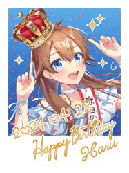1girl 2024 absurdres artist_request blue_background blue_eyes border brown_hair choker confetti crown dress english_text happy_birthday highres index_finger_raised long_hair nabatame_haru official_art open_mouth outside_border pointing pointing_up ribbon shine_post simple_background solo sparkle tasuki teeth upper_body upper_teeth_only white_border white_choker white_dress white_ribbon wrist_ribbon
