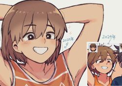2boys alternate_eye_color antenna_hair armpits arms_behind_head arms_up black_eyes blue_sweater blush brothers brown_eyes brown_hair character_name closed_mouth collarbone dark-skinned_male dark_skin grin hero_(faraway)_(omori) hero_(omori) kel_(faraway)_(omori) kel_(omori) male_focus multiple_boys omori open_mouth pasuta928008 redrawn short_hair siblings smile solo_focus sweater teeth