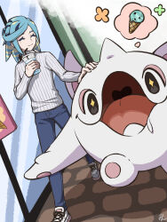1boy alternate_costume blue_hair cetoddle closed_eyes closed_mouth commentary_request cup drinking_straw grusha_(pokemon) highres holding holding_cup light_blush long_sleeves male_focus min_(myna8247) nintendo pants petting pokemon pokemon_(creature) pokemon_sv shoes signature smile speech_bubble standing sweater thought_bubble turtleneck turtleneck_sweater white_shoes