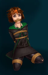 Rule 34 | 1girl, bdsm, black skirt, black thighhighs, bondage, bound, bound arms, bound legs, brown hair, collar, full body, harry potter: hogwarts mystery, harry potter (series), highres, hogwarts school uniform, kneeling, merula snyde, multicolored hair, non-web source, orange hair, pink eyes, school uniform, skirt, slytherin, thighhighs, torn clothes, torn thighhighs, two-tone hair, white collar, wizarding world