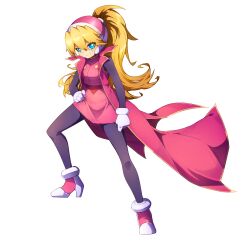 1girl absurdres blue_eyes bodystocking breasts ciel_(mega_man) coat coattails commission commissioner_upload eyelashes full_body gloves helmet high_heels highres kiauwrenn light_smile long_bangs long_coat long_hair looking_at_viewer mega_man_(series) mega_man_zero_(series) non-web_source open_clothes open_coat petite ponytail skirt sleeveless small_breasts thighs transparent_background zipper