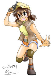 1girl absurdres alternate_costume belt belt_buckle black_shoes breasts brown_belt brown_eyes brown_hair brown_jacket brown_shorts brown_socks buckle cosplay crop_top fio_germi fio_germi_(cosplay) girls_und_panzer glasses grian_(griankay) gun handgun hat highres holding holding_gun holding_weapon jacket knee_pads metal_slug navel orange_shorts orange_wrist_cuffs ou_taiga revolver semi-rimless_eyewear shirt shoes short_hair short_shorts short_twintails shorts signature sleeveless sleeveless_jacket socks tank_top twintails weapon weapon_request white_hat white_shirt white_tank_top wrist_cuffs