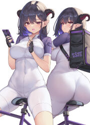 1girl ass bicycle black_gloves black_hair blush breasts cellphone closed_mouth demon_girl earrings fingerless_gloves fingernails gloves hamahama highres holding holding_phone horns jewelry large_breasts looking_at_viewer multiple_views open_mouth original phone pointy_ears purple_eyes sharp_fingernails short_sleeves sitting smartphone thighs two-tone_gloves white_background