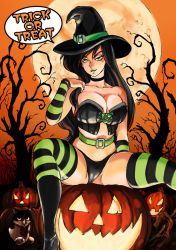 1girl bare_shoulders belt black_choker black_hair black_hat black_panties breasts bustier choker cleavage english_text green_belt green_eyes green_lips green_thighhighs halloween halloween_costume hand_up hat hat_belt jack-o&#039;-lantern kim_possible_(series) kugayama_cannon kugayama_hodai large_breasts long_hair looking_at_viewer moon orange_sky outdoors panties shego sitting sky solo speech_bubble strapless striped_clothes striped_thighhighs thighhighs tree trick_or_treat underwear witch_hat