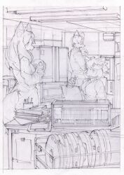 1boy 2girls animal_ear_fluff animal_ears animal_nose binder border cart ceiling ceiling_light clipboard clutter commentary computer denchou desk dog_boy dog_ears dog_girl dog_tail dress dress_over_shirt fluorescent_lamp furry furry_female furry_male graphite_(medium) highres holding holding_clipboard holding_pencil indoors layered_clothes long_hair long_sleeves magnetic_tape mechanical_pencil medium_hair multiple_girls office_lady original pencil perspective pushcart shirt short_dress sketch tail talking tile_ceiling tile_wall tiles traditional_media vest white_border