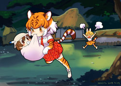 10s 3girls :3 :o angry animal_ears animal_print baby brown_eyes brown_hair commentary_request dated elbow_gloves garter_straps gloves hat hat_feather hut kaban_(kemono_friends) kemono_friends korean_commentary mouth_hold multicolored_hair multiple_girls orange_eyes orange_hair pacifier parody print_gloves print_legwear puff_of_air roonhee running serval_(kemono_friends) serval_tail short_hair tail tiger_(kemono_friends) tiger_ears tiger_print tiger_tail v-shaped_eyebrows white_hair white_hat