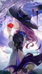 Rule 34 | 1girl, absurdres, apple, black gloves, black hat, blue eyes, bracelet, breasts, chain, chain necklace, dress, food, fruit, gloves, hat, highres, holding, holding food, holding fruit, honkai: star rail, honkai (series), jade (gemstone), jade (honkai: star rail), jelmul, jewelry, large breasts, long hair, looking at viewer, multiple girls, necklace, pink hair, purple hair, single glove, smile, solo