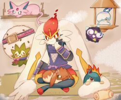 alternate_color bow bright_pupils brown_fur cinderace closed_mouth commentary creatures_(company) eevee eldegoss espeon fiery_hair fire forehead_jewel forked_tail furry game_freak gen_1_pokemon gen_2_pokemon gen_5_pokemon gen_7_pokemon gen_8_pokemon headband highres janjan_815 litwick looking_at_viewer minior nintendo one_eye_closed pawpads pink_bow pokemon pokemon_(creature) purple_fire quilava red_eyes shiny_pokemon sitting smile symbol-only_commentary tail white_pupils yellow_eyes