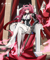 armor black_armor chair crossed_legs fire flag highres jewelry lupa_(wuthering_waves) mengyouning necklace polearm red_hair red_ribbon ribbon sitting smile spear star_(symbol) star_necklace tacet_mark_(wuthering_waves) tail twintails weapon wolf_tail wrist_guards wuthering_waves
