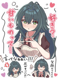 Rule 34 | &gt; &lt;, 1girl, absurdres, anger vein, antenna hair, apron, facing viewer, gakuen idolmaster, green eyes, green hair, hair between eyes, hair flaps, hair intakes, happy mille-feuille (idolmaster), heart, heart apron, highres, idolmaster, long hair, looking at viewer, multiple views, neck ribbon, official alternate costume, pink ribbon, ponsuke2700, ribbon, solo, tsukimura temari