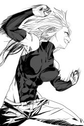 Rule 34 | 1girl, abs, breasts, medium breasts, monochrome, pants, punching, rasetsu001, sharp teeth, simple background, smile, tagme, teeth, white background