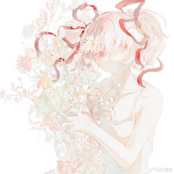 1girl absurdres bare_arms bare_shoulders bouquet breasts cleavage closed_mouth collarbone colored_eyelashes cowboy_shot dress expressionless flower hair_between_eyes hair_ribbon highres holding holding_bouquet kaname_madoka mahou_shoujo_madoka_magica mahou_shoujo_madoka_magica_(anime) moieko parted_lips pink_eyes pink_hair red_ribbon ribbon short_hair short_twintails simple_background sleeveless sleeveless_dress solo sundress twintails watermark weibo_watermark white_background white_dress
