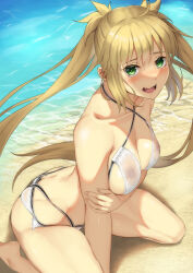 1girl artoria_caster_(fate) artoria_caster_(swimsuit)_(fate) artoria_caster_(swimsuit)_(first_ascension)_(fate) artoria_caster_(swimsuit_berserker)_(fate) artoria_caster_(swimsuit_berserker)_(first_ascension)_(fate) artoria_pendragon_(fate) ass barefoot beach bikini blush breasts butt_crack collarbone commentary_request covered_erect_nipples criss-cross_halter day embarrassed fang fate/grand_order fate_(series) fingernails green_eyes halterneck hand_on_own_arm highres long_hair looking_at_viewer medium_breasts nervous_smile nipples ocean open_mouth outdoors sand see-through_bikini see-through_clothes sitting skin_fang smile solo swimsuit tearing_up thighs tsukareme twintails very_long_hair wardrobe_malfunction wariza water wet wet_bikini wet_clothes white_bikini