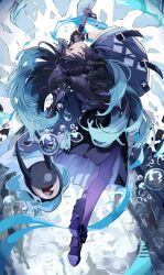 1girl animal_ear_fluff animal_ears aqua_jacket black_hair black_pantyhose black_skirt blunt_bangs bubble c_cutai eyeball fingerless_gloves fox_ears fox_girl from_behind full_body gloves high-waist_skirt high_heels highres holding holding_sword holding_weapon hoshimi_miyabi jacket katana long_hair looking_back pantyhose red_eyes single_fingerless_glove skirt sword tailless_(zenless_zone_zero) weapon zenless_zone_zero
