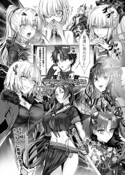 1boy 6+girls ahoge bare_shoulders bb_channel beret black_bow bow braid breasts cloak coat collar colored_extremities crop_top dress ereshkigal_(fate) eyeliner fate/grand_order fate_(series) forked_eyebrows fujimaru_ritsuka_(male) fujimaru_ritsuka_(male)_(decisive_battle_chaldea_uniform) fur-trimmed_coat fur-trimmed_sleeves fur_trim glasses greyscale hair_bow hair_over_one_eye hair_ribbon half_up_braid hat highres holding holding_sword holding_weapon hooded_shrug horns jeanne_d&#039;arc_alter_(avenger)_(fate) jeanne_d&#039;arc_alter_(fate) jeanne_d&#039;arc_alter_(ver._shinjuku_1999)_(fate) jewelry large_breasts lilith_(fate) lilith_(second_ascension)_(fate) long_hair makeup mash_kyrielight medium_breasts melusine_(fate) melusine_(swimsuit_ruler)_(fate) melusine_(swimsuit_ruler)_(first_ascension)_(fate) minamoto_no_raikou_(fate) minamoto_no_raikou_(fate/grand_order) minamoto_no_raikou_(swimsuit_lancer)_(fate) minamoto_no_raikou_(swimsuit_lancer)_(second_ascension)_(fate) mintes monochrome morgan_le_fay_(fate) multiple_girls neckerchief necklace necktie official_alternate_costume parted_bangs pointy_ears ponytail ribbon school_uniform serafuku short_hair shrug_(clothing) sidelocks space_ereshkigal_(fate) space_ereshkigal_(second_ascension)_(fate) spiked_collar spikes swimsuit sword tenochtitlan_(fate) tenochtitlan_(second_ascension)_(fate) twintails two_side_up weapon zipper_dress