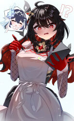 !? 2girls absurdres ahoge apron black_dress blue_hair breasts closed_eyes dress dual_persona eight_(eight3rd1) gloves hair_ornament highres holding holding_pen honkai_(series) honkai_impact_3rd long_hair looking_at_viewer medium_breasts multiple_girls name_tag open_mouth pen red_eyes red_gloves red_hair seele_(alter_ego) seele_vollerei seele_vollerei_(herrscher_of_rebirth) seele_vollerei_(starchasm_nyx) white_apron