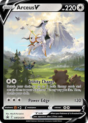animal_focus arceus artist_name beautifly bidoof bird blanco026 blue_sky bug butterfly card_(medium) character_name cloud colored_sclera company_name copyright_name copyright_notice day english_text floating flying full_body gen_3_pokemon gen_4_pokemon grass green_sclera insect legendary_pokemon mountain mythical_pokemon nintendo no_humans official_art outdoors pokemon pokemon_(creature) pokemon_card pokemon_focus pokemon_tcg red_eyes sky starly third-party_source trading_card tree
