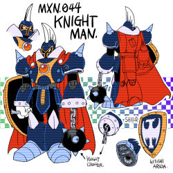 1boy aqua_background ariga_hitoshi armor arrow_(symbol) artist_name ball_and_chain_(weapon) black_bodysuit black_eyes blue_armor blue_footwear bodysuit boots cape character_name reference_sheet checkered_background chest_jewel concept_art english_text from_behind full_body gem gloves gradient_background helmet highres holding holding_shield knee_boots knight_man looking_ahead looking_to_the_side looking_up male_focus mega_man_(classic) mega_man_(series) mega_man_6 mega_man_megamix multiple_views no_humans one_eye_closed orange_gemstone portrait purple_background red_cape robot scanlines shield shoe_soles shoulder_spikes simple_background spike_ball spiked_ball_and_chain spikes standing three_quarter_view turnaround weapon white_background white_gloves