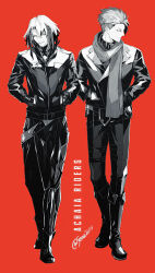 Rule 34 | 2boys, achilles (fate), boots, closed mouth, fate/grand order, fate (series), full body, greyscale with colored background, hands in pockets, jacket, looking to the side, male focus, multicolored hair, multiple boys, odysseus (fate), red background, scarf, sei 8220, short hair, simple background, streaked hair