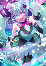 1girl absurdres aoto_lemon aqua_dress aqua_eyes aqua_hair armpit_crease bare_shoulders black_pantyhose bow breasts dress frilled_dress frilled_skirt frills gloves hair_between_eyes hair_ornament hat hatsune_miku highres holding large_breasts long_hair looking_at_viewer magical_mirai_miku magical_mirai_miku_(2019) mini_hat mini_top_hat official_alternate_costume official_alternate_hairstyle open_mouth pantyhose pink_bow signature skirt sleeveless sleeveless_dress smile solo top_hat twintails very_long_hair vocaloid white_gloves