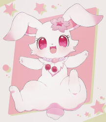 1girl :3 :d animal_ears animal_feet animal_hands animal_nose blush cherry cherry_blossoms chibikemo commentary_request flower food fruit furry furry_female hair_flower hair_ornament highres jewelpet_(creature) jewelpet_(series) jewelry looking_at_viewer lying necklace on_back open_mouth rabbit_ears rabbit_girl rabbit_tail red_eyes rorizu ruby_(jewelpet) smile solo spread_legs star_(symbol) tail white_fur