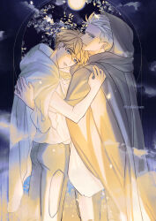 2boys absurdres blonde_hair blue_eyes brothers cloak highres hood hood_up hooded_cloak hug incest looking_at_viewer male_focus millions_knives multiple_boys pants parted_lips shirt short_hair siblings trigun trigun_stampede twitter_username undercut vash_the_stampede white_shirt yakikesen yaoi