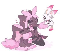 1boy 2girls :o alternate_color animal_ears black_eyes black_sclera blush body_fur brown_fur closed_eyes colored_sclera full_body furry furry_female gen_4_pokemon heart highres holding looking_at_another lopunny masayo_(skip) mega_lopunny mega_pokemon multiple_girls nintendo open_mouth pantyhose pink_eyes pink_fur pokemon pokemon_(creature) rabbit_ears rabbit_girl rabbit_tail red_fur shiny_pokemon simple_background sitting smile tail torn_clothes torn_pantyhose white_background white_fur