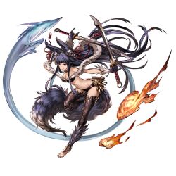 1girl \n/ airplane_arms animal_ears barefoot bell black_thighhighs breasts cleavage crossed_swords double_\n/ dual_wielding dynamic_pose erune fire fox fox_ears fox_tail full_body gloves granblue_fantasy groin hair_ornament hitodama holding holding_behind_back holding_sword holding_sword_behind_back holding_weapon holding_weapon_behind_back holding_with_gesture jingle_bell large_breasts long_hair minaba_hideo official_art outstretched_arms purple_gloves purple_hair red_eyes smile solo spread_arms sword tail thighhighs toeless_legwear transparent_background very_long_hair weapon yuel_(granblue_fantasy)