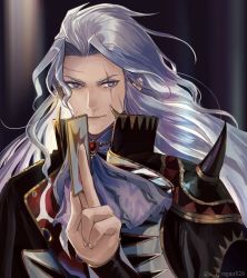 armor brooch card closed_mouth final_fantasy final_fantasy_vi grey_eyes high_collar holding holding_card jacket jewelry long_hair long_sleeves looking_at_viewer pauldrons playing_card regan_(hatsumi) scar scar_across_eye scar_on_face scarf setzer_gabbiani shoulder_armor silver_hair smile solo spiked_pauldrons twitter_username wavy_hair