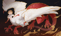 1girl black_background breasts dungeon_meshi falin_touden falin_touden_(chimera) full_body glowing glowing_eyes gradient_background highres medium_breasts midriff monster_girl navel parted_lips red_tail signature solo talons taur underboob white_wings wings yellow_eyes yui_shi