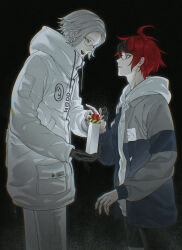 2boys :d absurdres ahoge aotsuki_eito black_background black_gloves black_pants black_streaks blue_eyes blue_jacket closed_eyes drawstring glasses gloves grey_hair grey_jacket hand_grab highres holding hood hoodie jacket looking_at_another male_focus multicolored_hair multicolored_jacket multiple_boys open_mouth pants pocket push-button red_button red_hair short_hair sleeve_pouch smile solo streaked_hair sumino_takumi sweat sweatdrop the_hundred_line_-last_defense_academy- two-tone_jacket white_hoodie white_jacket white_pants xinjinjumin839286500137