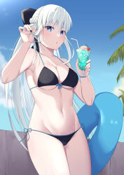 1girl absurdres alternate_costume bikini black_bikini black_bow blue_eyes blue_sky bow braid breasts cleavage cloud commentary fate/grand_order fate_(series) grey_hair hair_bow half_up_braid highres holding innertube long_hair looking_at_viewer medium_breasts morgan_le_fay_(fate) natu_zame navel outdoors ponytail sky solo stomach sunlight swim_ring swimsuit very_long_hair wet