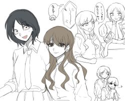 2girls :d anger_vein arm_on_table arm_rest arms_around_waist bad_id bad_twitter_id black_hair breasts brown_eyes brown_hair closed_mouth collared_shirt commentary_request dakara_bokuha dress_shirt eighth_note futsuu_no_keion-bu genderswap genderswap_(mtf) hand_on_own_face head_rest highres holding holding_phone hug hug_from_behind long_hair looking_at_viewer medium_breasts monochrome multiple_girls multiple_views musical_note necktie open_mouth parted_bangs phone pleated_skirt school_uniform shirt short_hair short_sleeves simple_background sitting skirt smile speech_bubble spoken_anger_vein spot_color sweatdrop taguchi_ryuuya takami_kouki thought_bubble translation_request upper_body wavy_hair white_background