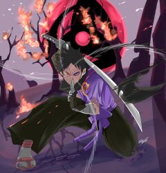 1boy absurdres black_hair fire highres holding holding_sword holding_weapon katana naruto naruto_(series) naruto_mobile:_the_wandering_savior rinnegan ronin_obito scar scar_on_face short_hair solo sword uchiha_obito weapon