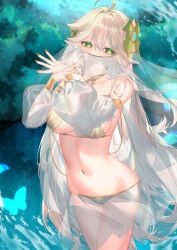 1girl absurdres ahoge bare_shoulders bra breasts bug butterfly clover-shaped_pupils commentary_request cowboy_shot dancer detached_sleeves eyelashes genshin_impact green_eyes green_nails green_panties hair_between_eyes hair_ornament head_tilt highres insect jiaotang_xuebi light_blush long_hair looking_at_viewer medium_breasts mouth_veil navel paid_reward_available panties pointy_ears revealing_clothes rukkhadevata_(genshin_impact) see-through_clothes see-through_sleeves smile solo standing stomach symbol-shaped_pupils underwear veil very_long_hair water white_hair