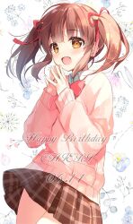 1girl blush bow bowtie breasts brown_eyes brown_hair brown_skirt character_name cowboy_shot dot_nose floral_background hair_bow hair_ribbon hands_up happy_birthday idolmaster idolmaster_cinderella_girls idolmaster_cinderella_girls_starlight_stage long_hair long_sleeves looking_at_viewer ogata_chieri open_mouth pink_bow pink_bowtie pink_sweater plaid_clothes plaid_skirt pleated_skirt red_ribbon ribbon school_uniform shirt sidelocks skirt small_breasts smile solo standing steepled_fingers suimya sweater twintails white_shirt
