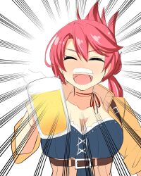 1girl alcohol beer beer_mug breasts collared_shirt commentary_request corset cropped_shirt cup denim eiyuu_densetsu foam_mustache hair_between_eyes half_updo highres holding holding_cup large_breasts medium_hair mizuno_asami mug open_clothes open_mouth open_shirt pink_hair ponytail sara_valestein sen_no_kiseki sen_no_kiseki_(series) sen_no_kiseki_i sen_no_kiseki_iii shirt smile solo upper_body white_background