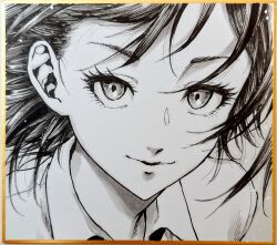 Rule 34 | 1girl, calligraphy brush (medium), closed mouth, collared shirt, commentary request, eyelashes, floating hair, greyscale, looking at viewer, makomako1061, monochrome, original, photo (medium), portrait, shikishi, shirt, smile, traditional media, wing collar